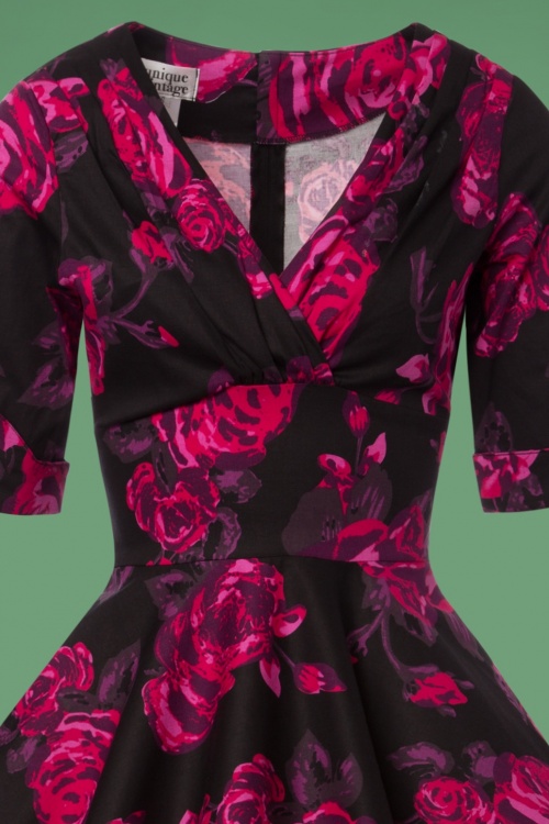 Unique Vintage - Delores Floral Swing-jurk in zwart en roze 9