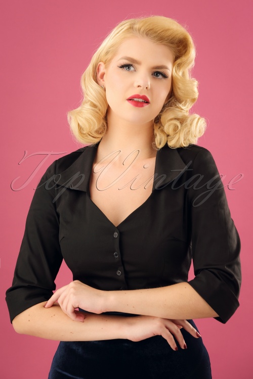 Collectif Clothing - 50s Mona 3/4 Sleeve Blouse in Black