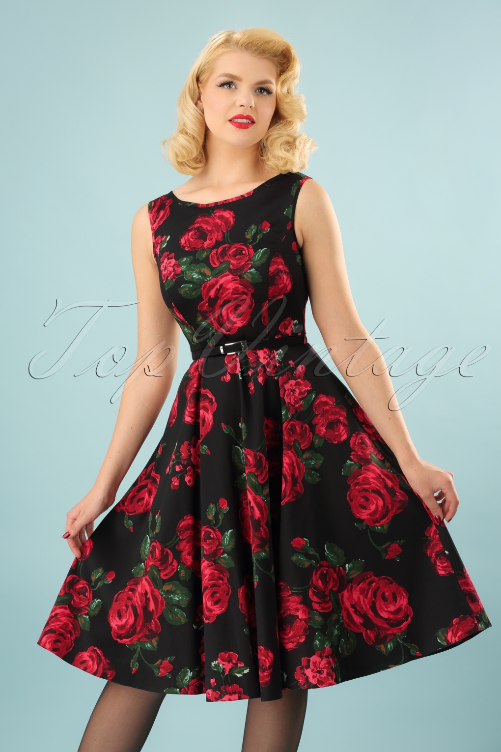 50s Hepburn Red Rose  Dress  in Black