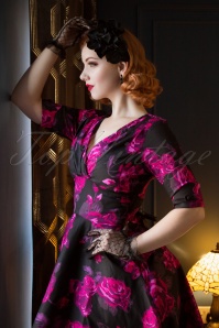 Unique Vintage - 50s Delores Floral Swing Dress in Black and Pink 2