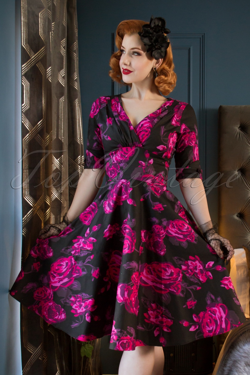 50s Delores Floral Swing Dress in Black ...