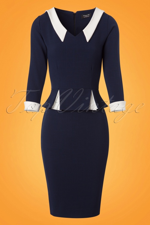 Vintage Chic for Topvintage - 50s Gladys Peplum Pencil Dress in Navy and Ivory 3