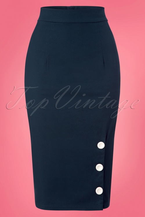 Collectif Clothing - Charlotte Pencil Skirt Années 50 en Bleu Marine 3