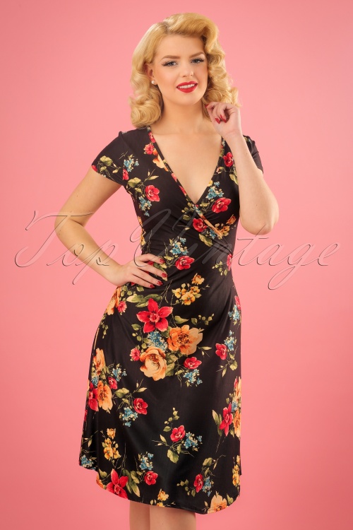 Vixen - 50s Sophia Floral Wrap Dress in Brown