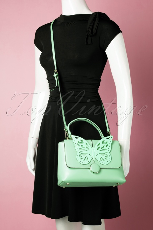 Banned Retro - 60s Beautiful Butterfly Handbag in Mint Green 6