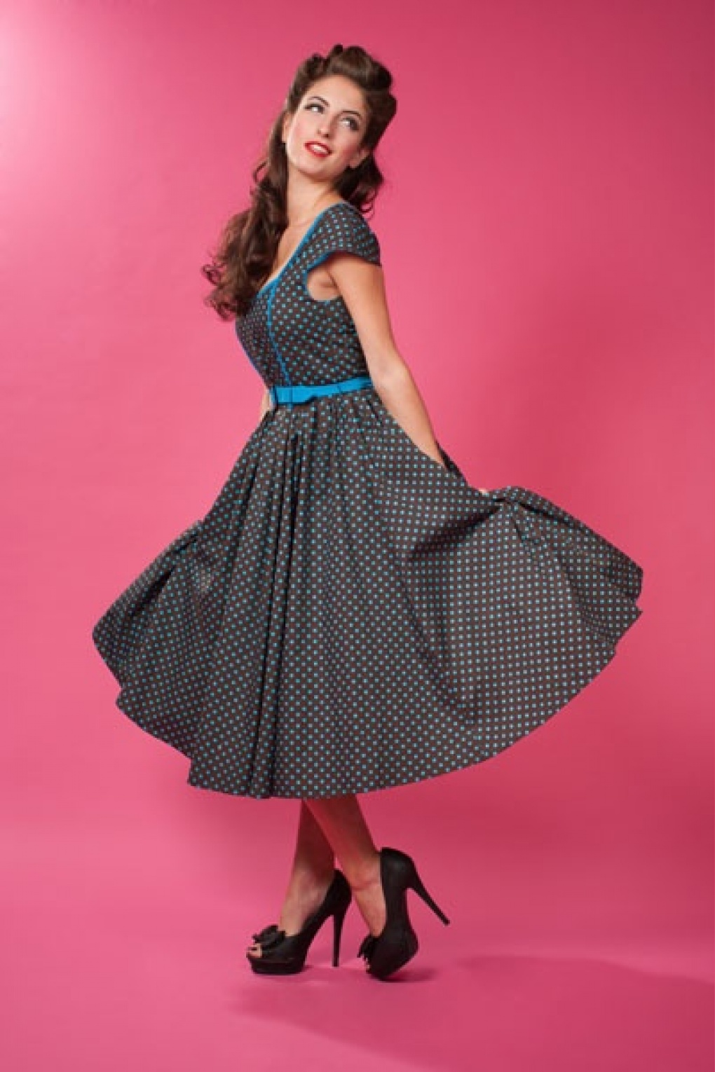 1950s Debbie Polka Dot Black Blue Swing Dress 1190