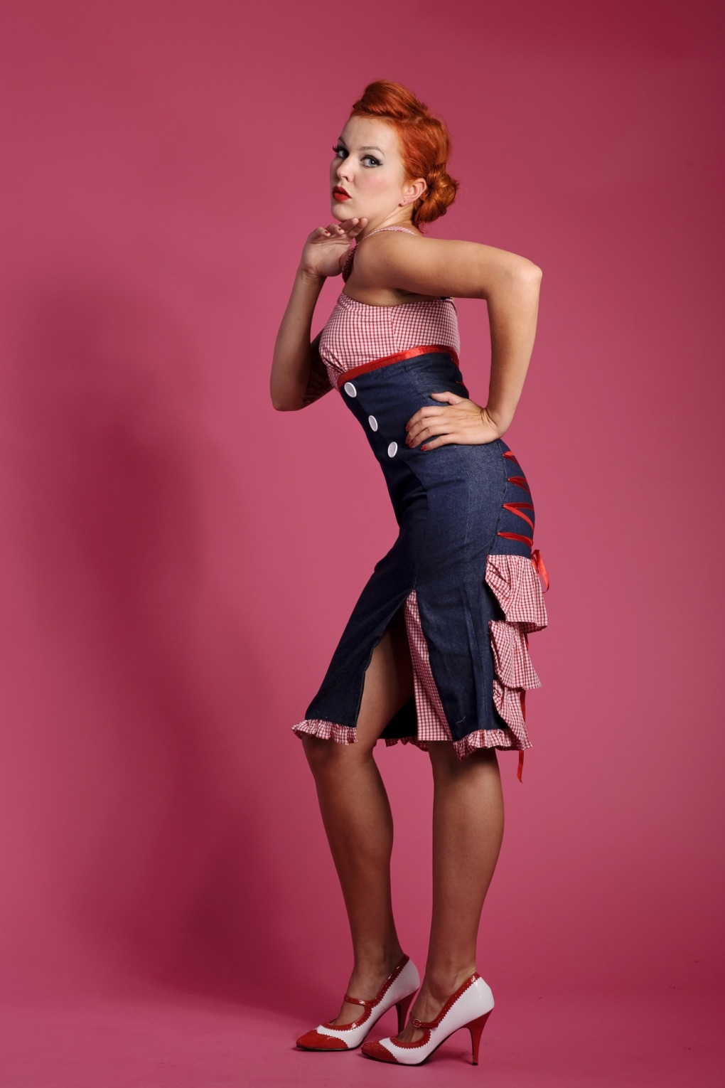 Miss Candyfloss Pin Up Sailor Denim Check Corset Red Dress