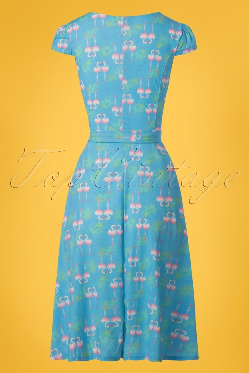 Lindy Bop - 50s Dawn Flamingo Leaf Swing Dress in Blue 5