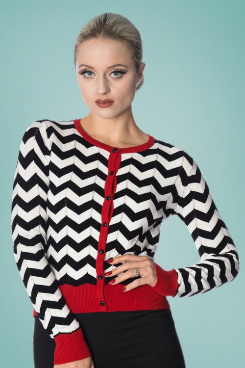 Banned Retro - 60s Black Coffee Chevron Cardigan in Black and Red 2