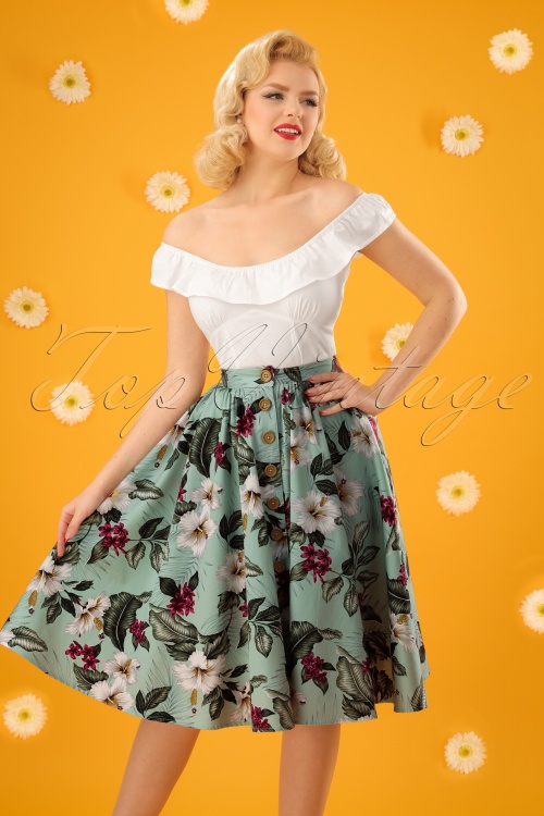 Bunny - Tahiti Floral Swing Skirt Années 50 en Vert Menthe