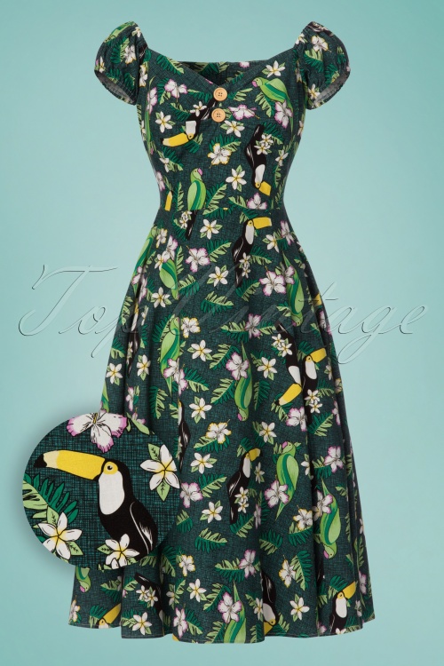 Collectif Clothing - Dolores Tropical Bird Doll Dress Années 50 en Vert 2