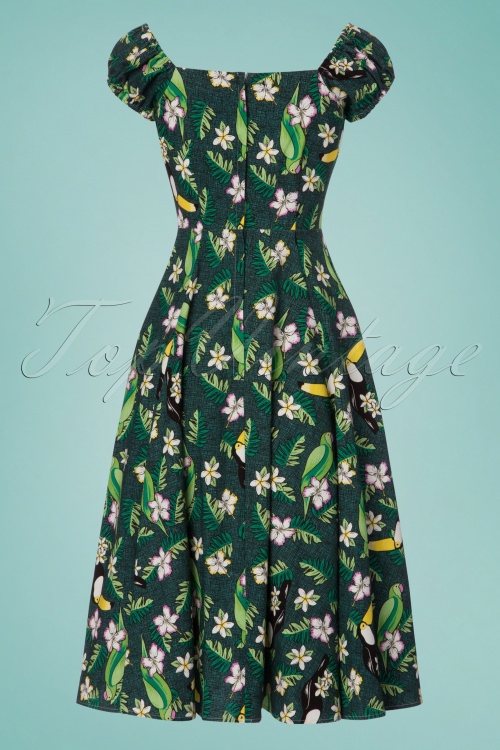 Collectif Clothing - Dolores Tropical Bird Doll Dress Années 50 en Vert 6