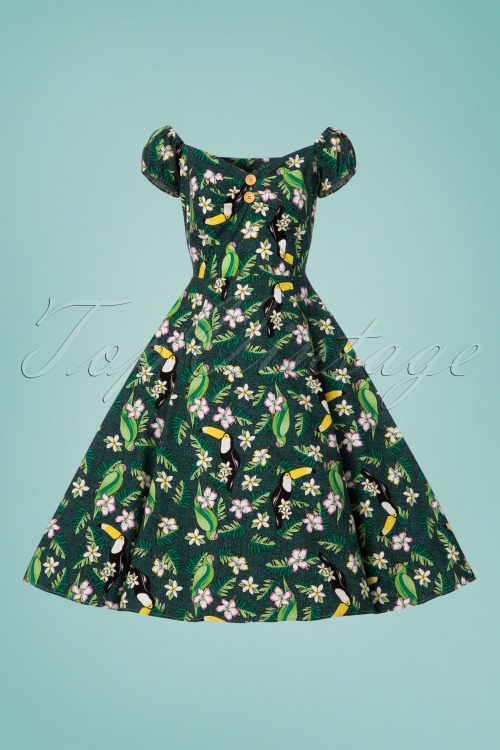 Collectif Clothing - Dolores Tropical Bird Doll Dress Années 50 en Vert 3