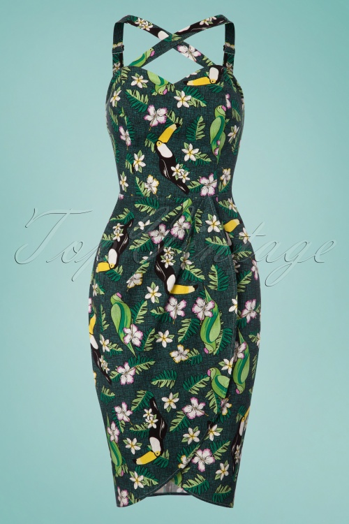 Collectif Clothing - Mahina Tropical Bird Sarong Dress Années 50 en Vert 3