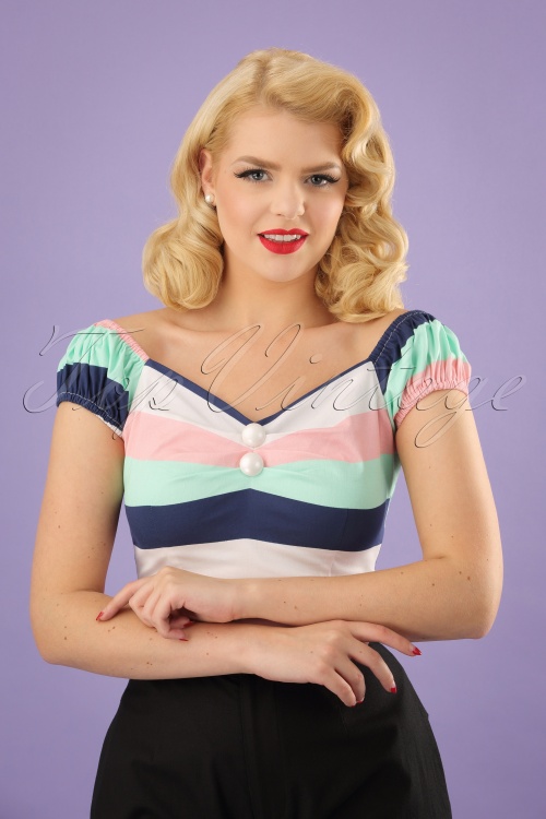 Collectif Clothing - 50s Dolores Top Carmen in Candy Stripes