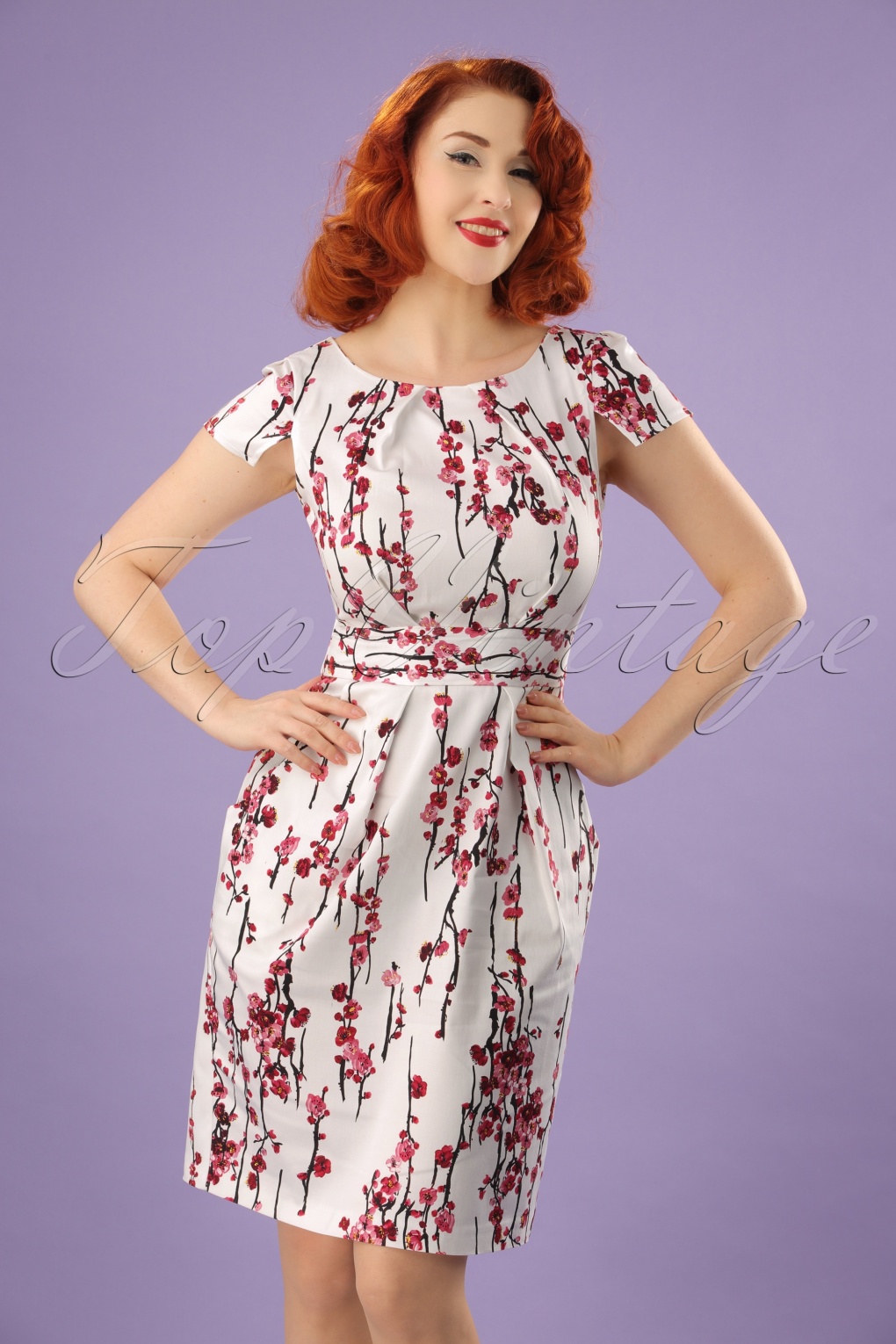 60s Cherry Blossom Tulip Dress in Ivory