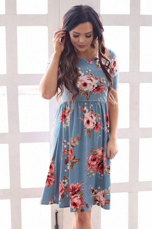 60s Natalie Floral Dress in Dusty Blue