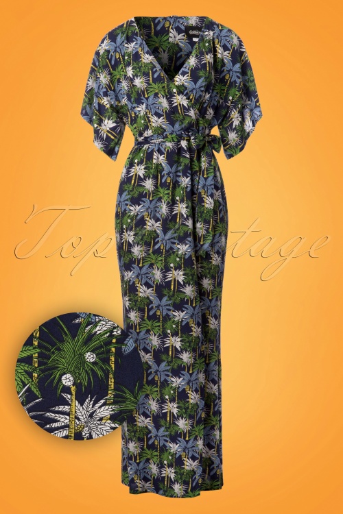 Collectif Clothing - 70s Kelly Palm Tree Maxi Dress in Navy