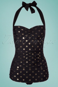 Girl Howdy - 50s Zsa Zsa Gold Polkadot One Piece Swimsuit in Black 4