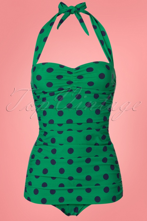 Esther Williams - 50s Classic Polkadot One Piece Swimsuit in Green and Navy 2