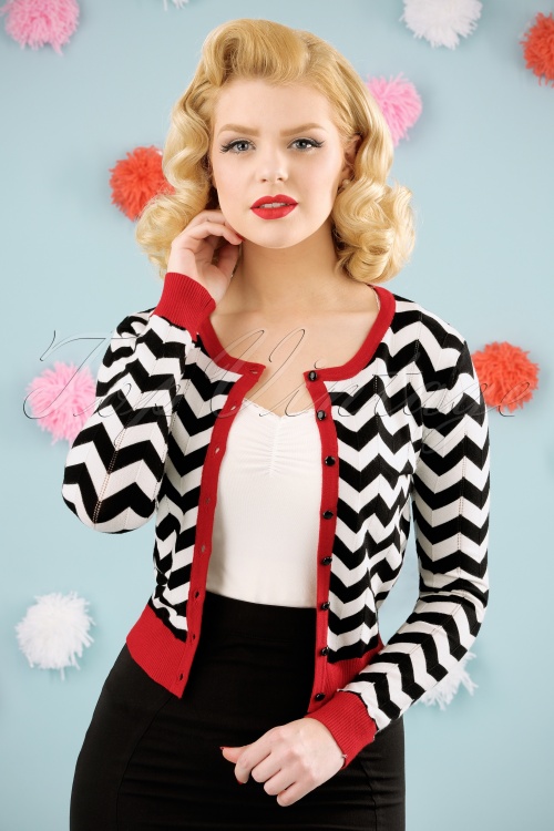 Banned Retro - 60s Black Coffee Chevron Cardigan in Black and Red