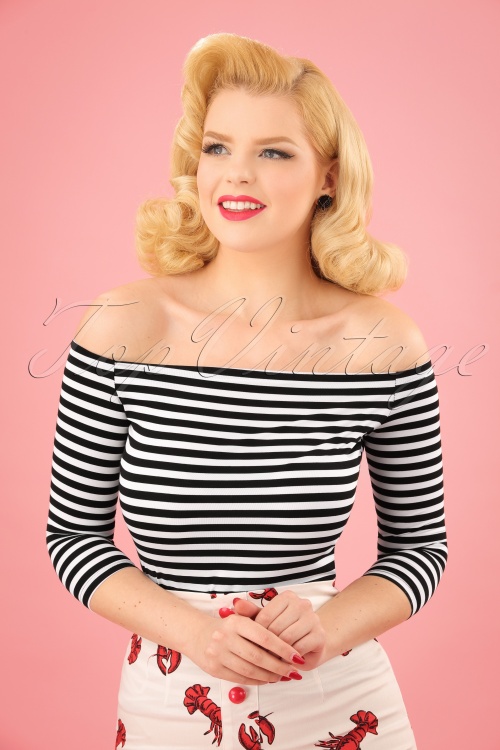 Dolly and Dotty - 50s Gloria Off Shoulder Stripes Top in Black and White 2