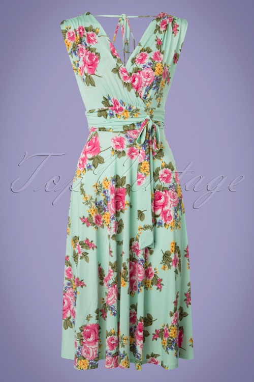 Vintage Chic for Topvintage - Jane Floral Midi Dress Années 50 en Vert Menthe