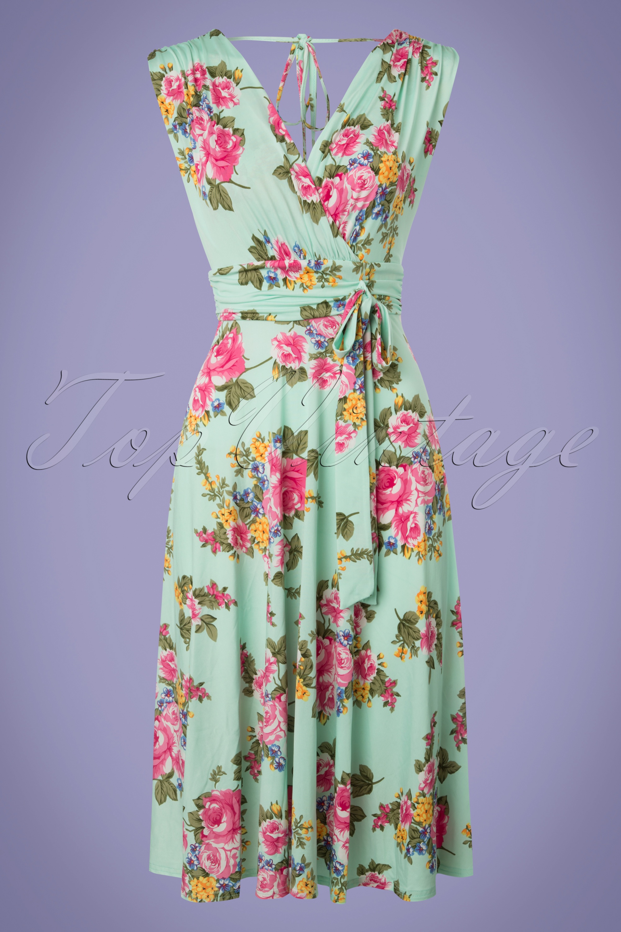 Vintage Chic for Topvintage - Jane bloemen midi-jurk in mintgroen