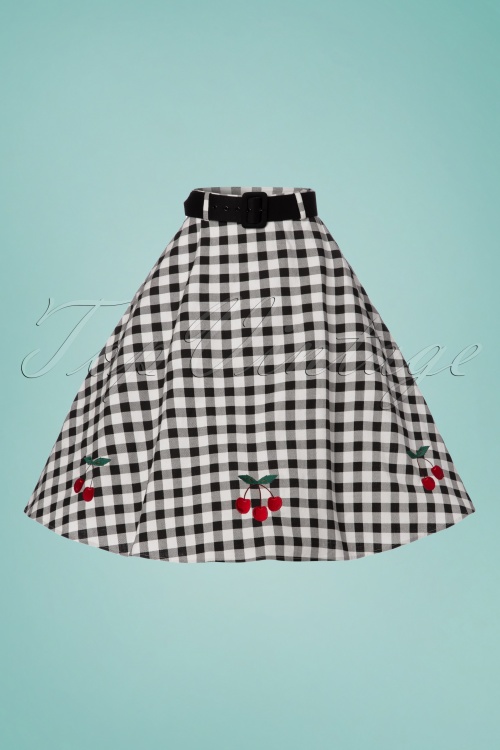 Collectif Clothing - Cherry Vintage Gingham Swing Skirt Années 50 en Noir et Blanc 3
