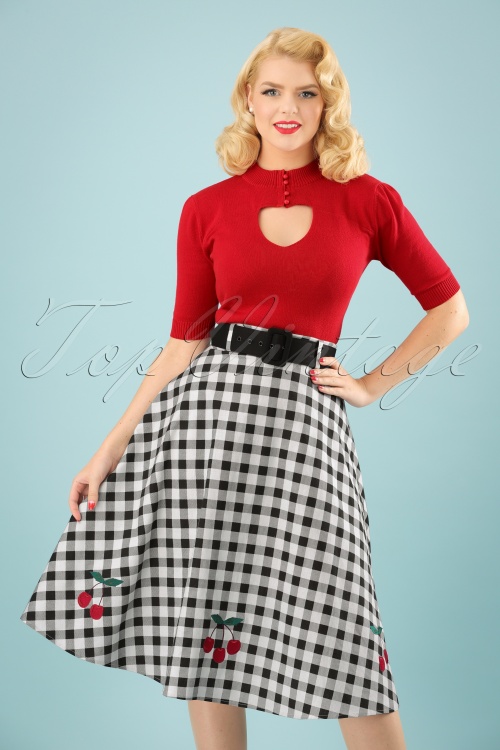 Collectif Clothing - 50s Cherry Vintage Gingham Swing Skirt in Black and White