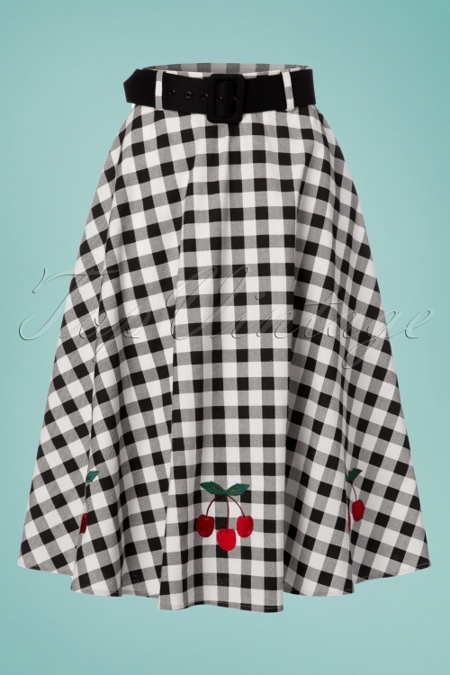 Collectif Clothing - 50s Cherry Vintage Gingham Swing Skirt in Black and White 2