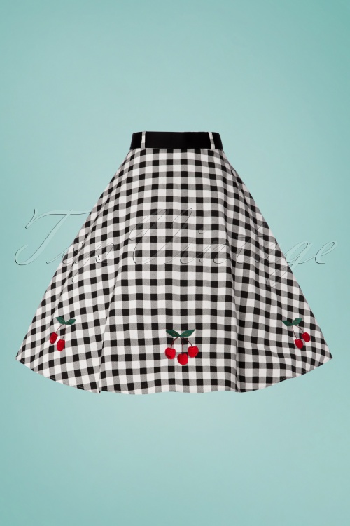 Collectif Clothing - 50s Cherry Vintage Gingham Swing Skirt in Black and White 6