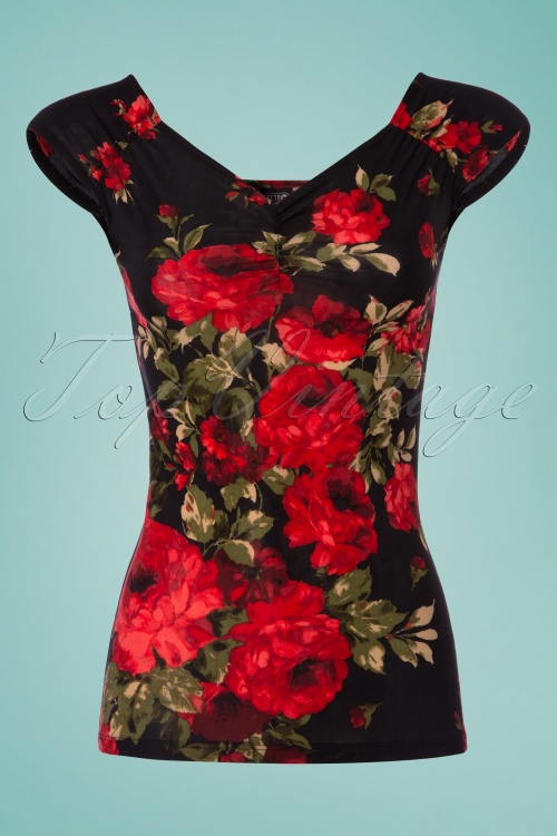 Retrolicious - Isabel Roses Top Années 50 en Noir et Rouge