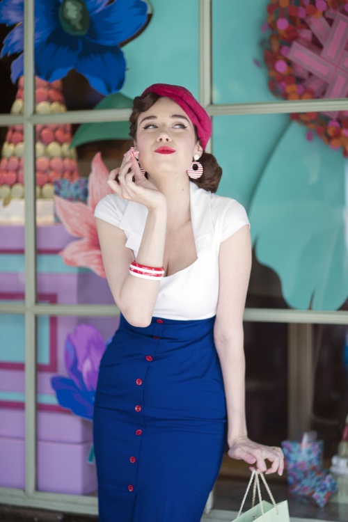 Glamour Bunny - 50s Lexy Pencil Dress in Royal Blue and White 8