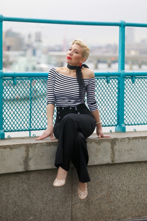 Dolly and Dotty - 50s Gloria Off Shoulder Stripes Top in Black and White 7