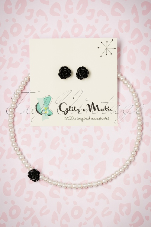 Glitz-o-Matic - 50s Roses and Pearls Jewellery Set in Ivory and Black 3
