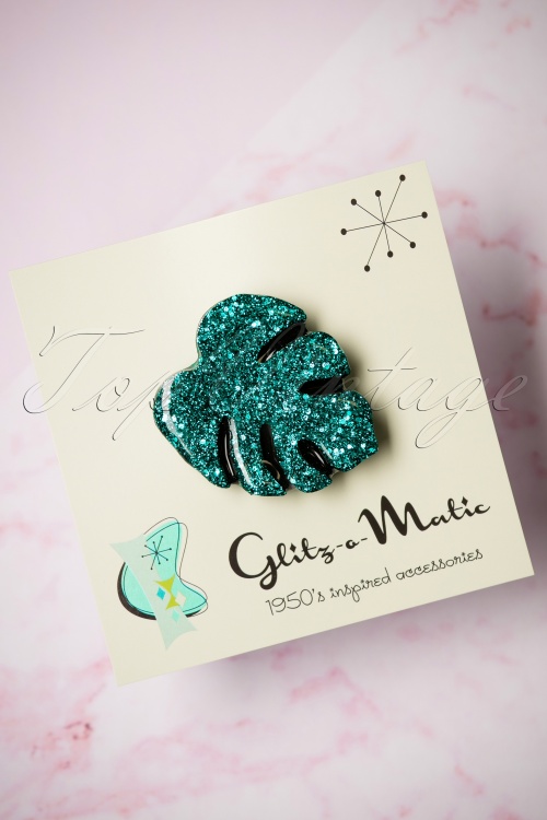 Glitz-o-Matic - 50s Monstera Confetti Brooch in Turquoise 2