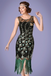 Unique Vintage - Antoinette Perlenbesetztes Peacock Flapper Kleid in Schwarz und Grün 2
