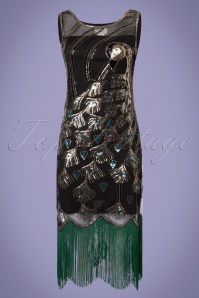 Unique Vintage - Antoinette Perlenbesetztes Peacock Flapper Kleid in Schwarz und Grün 3
