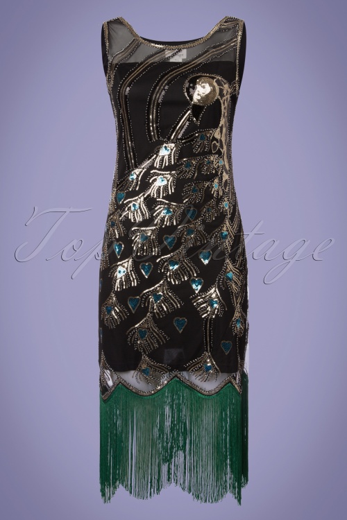 Unique Vintage - Antoinette Perlenbesetztes Peacock Flapper Kleid in Schwarz und Grün 3