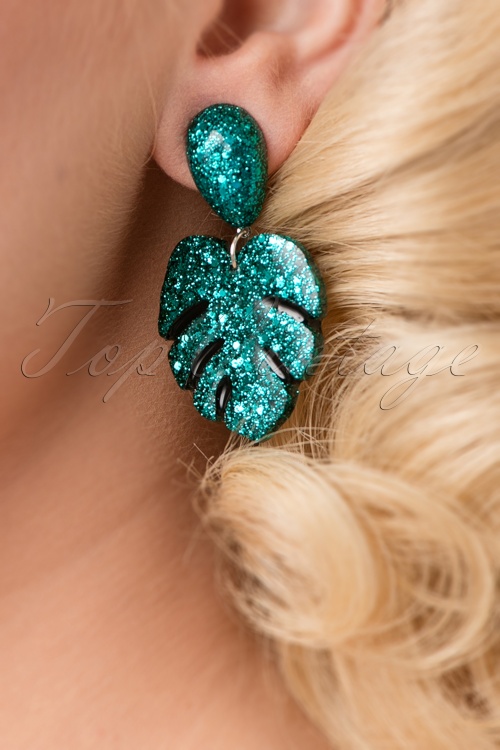 Glitz-o-Matic - 50s Monstera Confetti Earrings in Turquoise 3