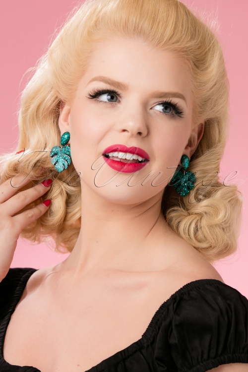 Glitz-o-Matic - 50s Monstera Confetti Earrings in Turquoise 2