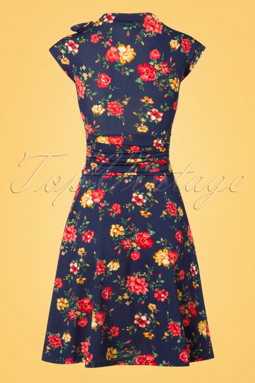 Retrolicious - Audrey bombshell-jurk met bloemen in marineblauw 4