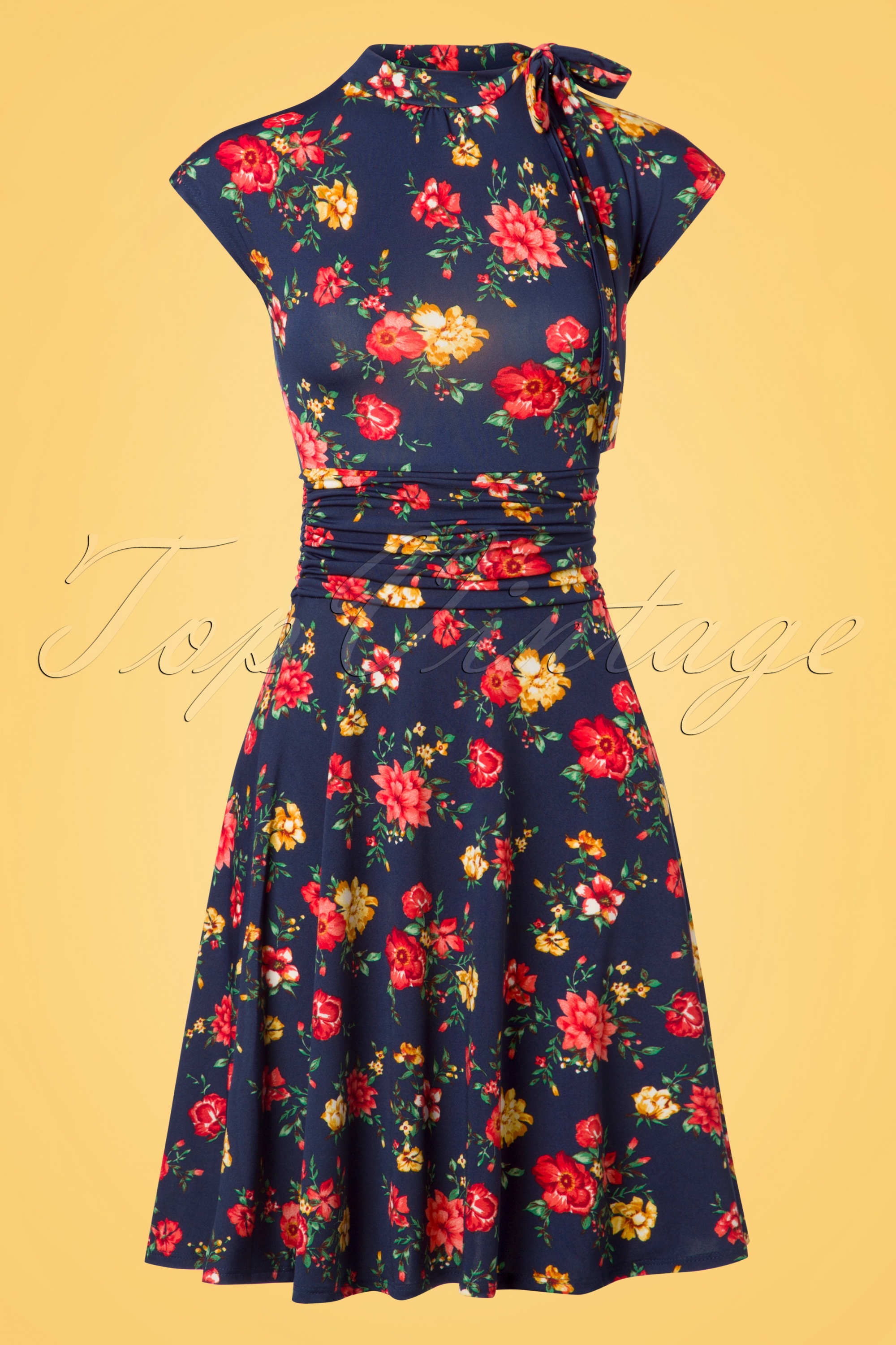 Retrolicious - Audrey bombshell-jurk met bloemen in marineblauw