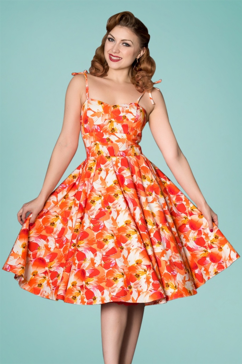  50s  Kendal Floral Swing Dress  in Orange