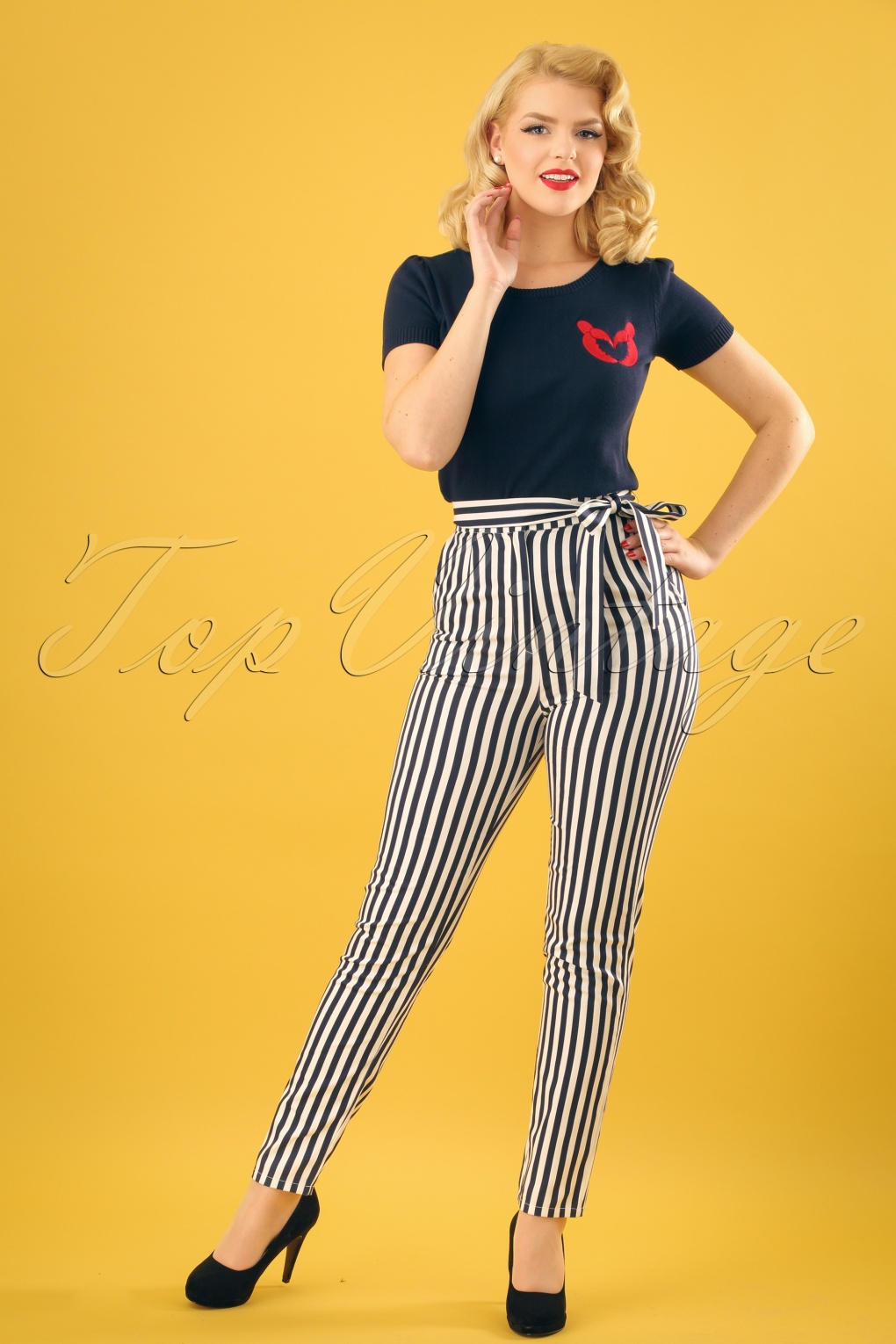 navy white striped trousers