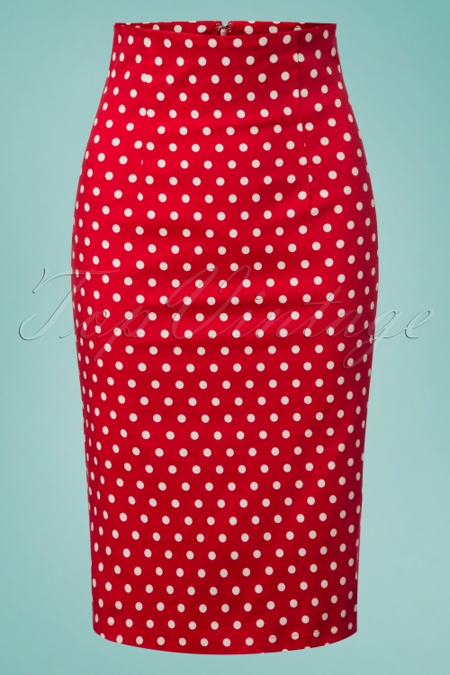 Dolly and Dotty - Falda Polkadot Pencil Skirt Années 50 en Rouge