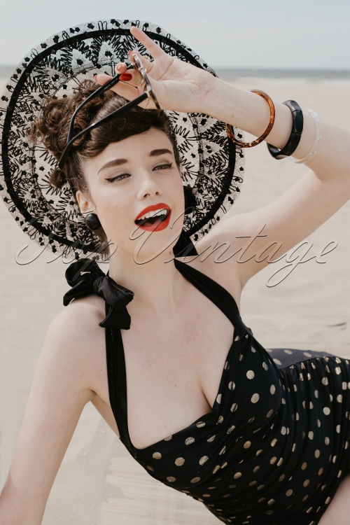 Girl Howdy - 50s Zsa Zsa Gold Polkadot One Piece Swimsuit in Black 2