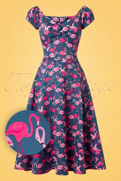 Collectif Clothing - Dolores Flamingo Flock Doll Dress Années 50 en Bleu