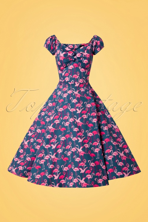Collectif Clothing - 50s Dolores Flamingo Flock Doll Dress in Blue 2